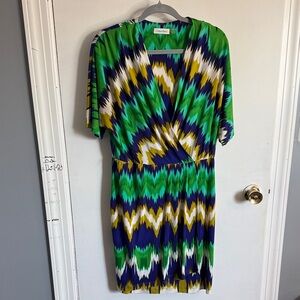 Calvin Klein Green, Navy & Yellow Chevron Midi Wrap Dress